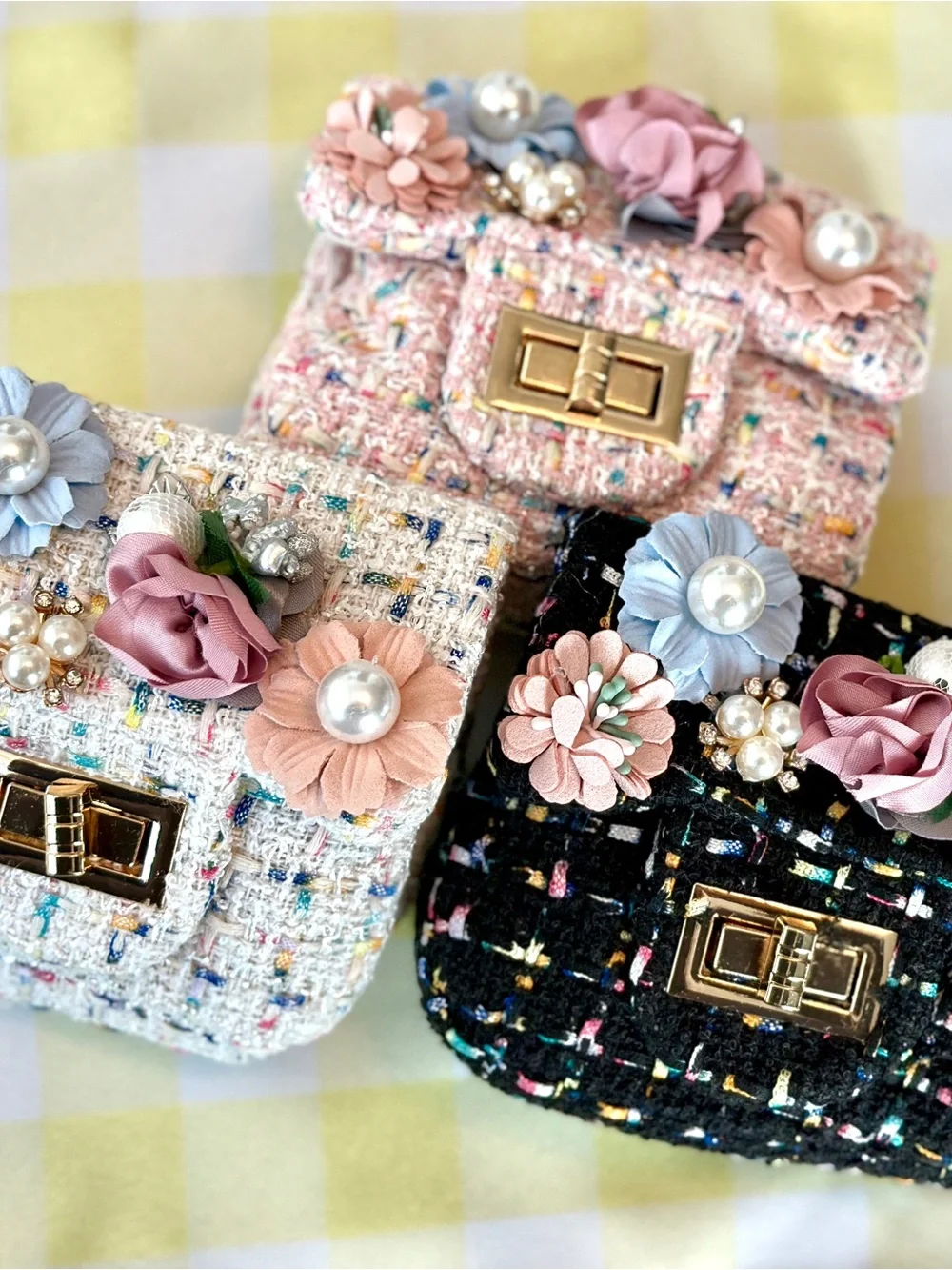 Tweed Floral Pearl Mini Chain Bag - Pastel, White Black